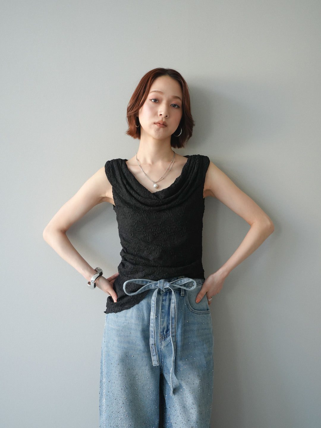 [予約]レースドレープネックアシメトップス/black