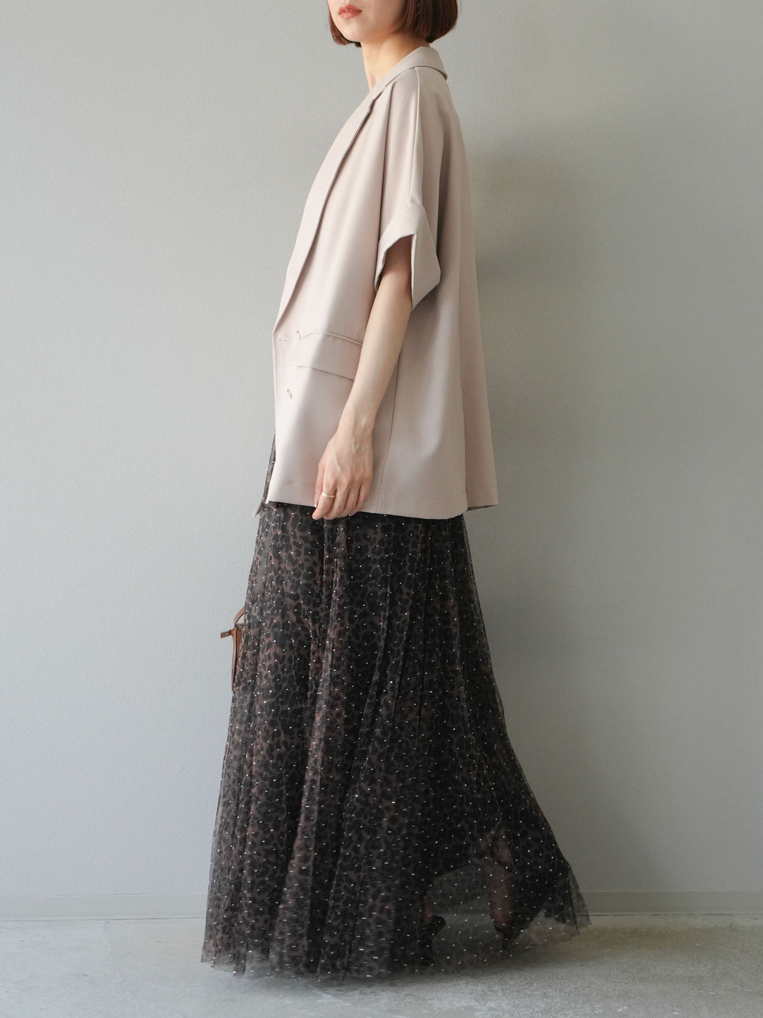 [5] 豹紋薄紗層疊百褶裙/摩卡色