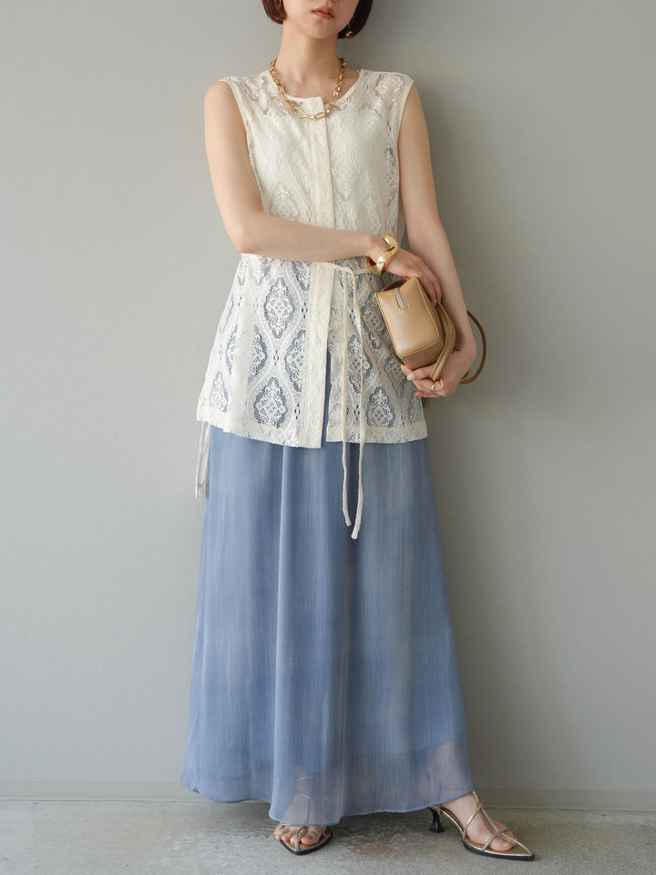 [SET] 緞面滾邊蕾絲無袖上衣 + nuance 透視喇叭裙 (2 套)