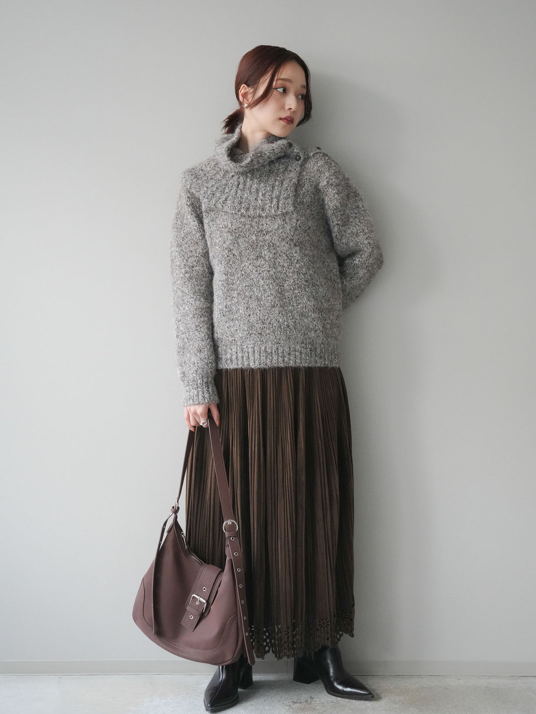 [予約]パンチングデザインスエードプリーツスカート/brown