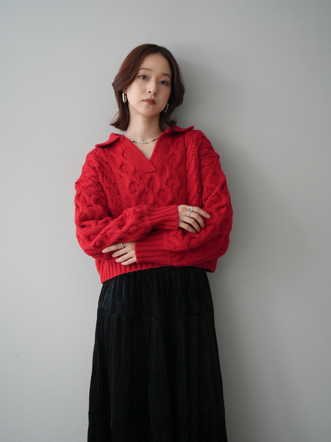 [SET]バルキーケーブルクロップド開襟プルオーバー+ベロアティアードワッシャースカート(2set)