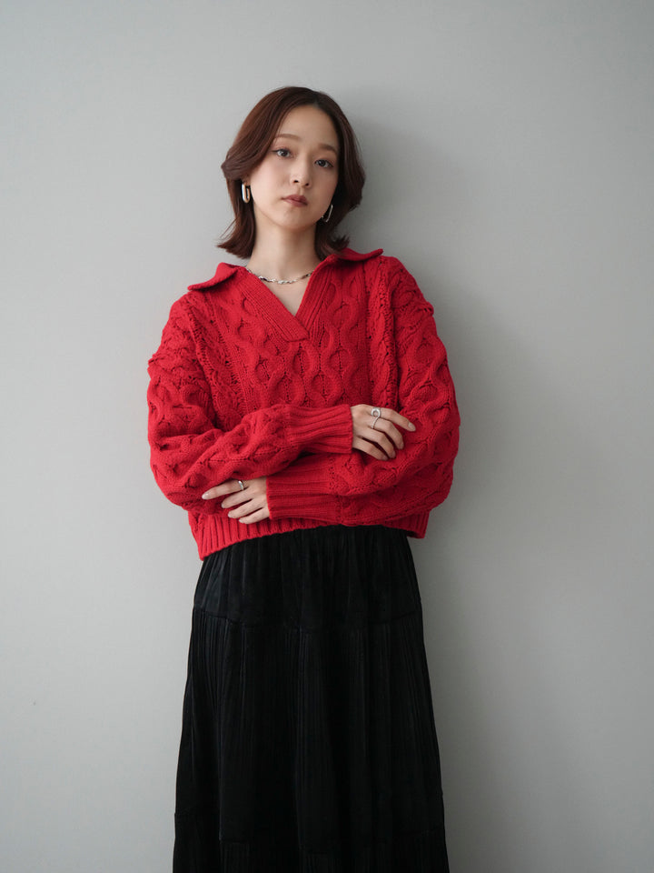 [SET]バルキーケーブルクロップド開襟プルオーバー+ベロアティアードワッシャースカート(2set)