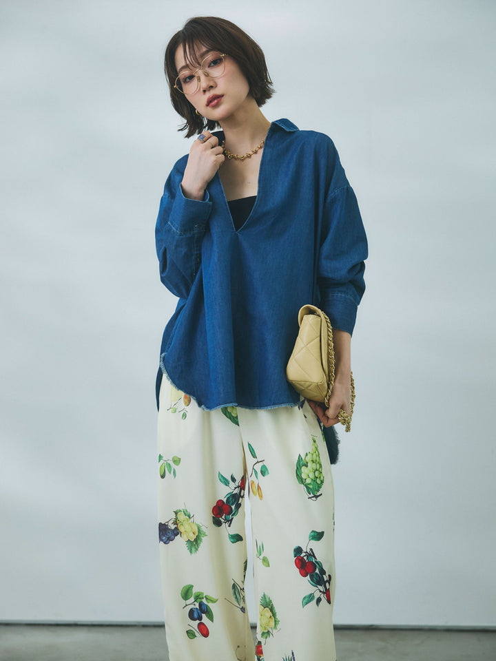 【Allure】[SET]コットンライクスキッパーシャツ+ボタニカルプリントイージーパンツ(2set)