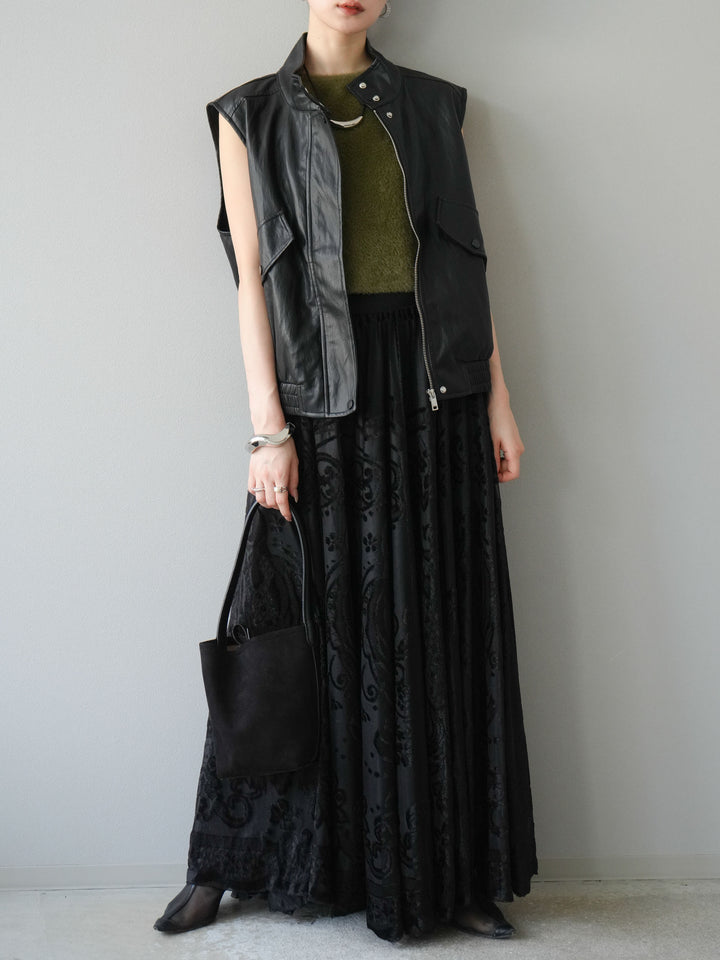 [予約]スリーブレスフェイクレザーブルゾン/ブラック