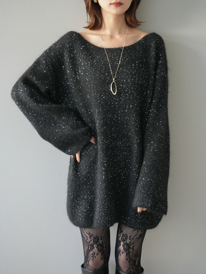 [予約]スパンコールミニシャギーニットチュニック/black