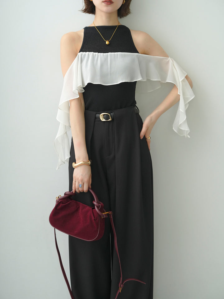 [予約]シフォンフリルドッキングノースリニットトップス/black