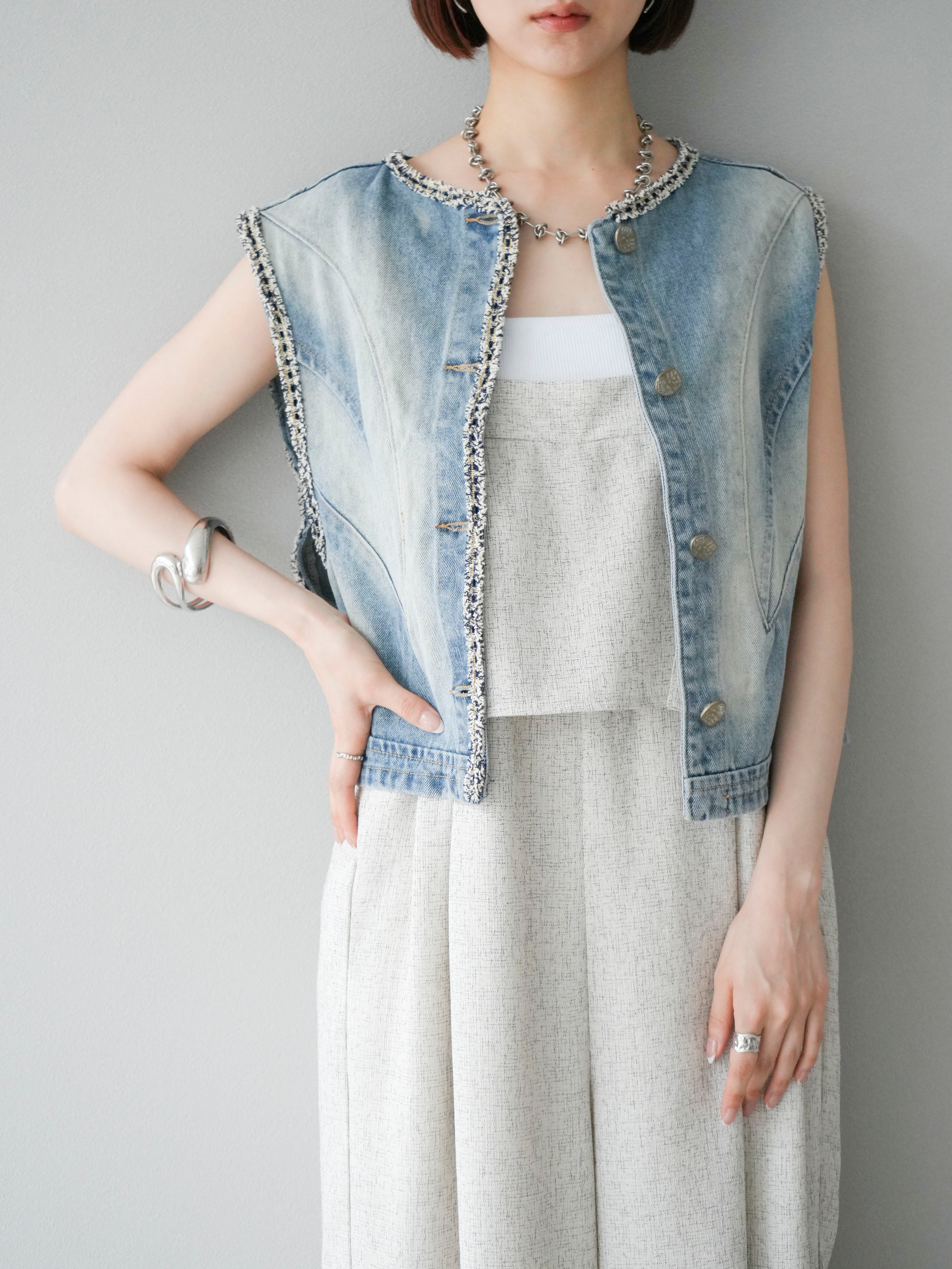 Eimee Law】デニム&ツィード MIXボタンベストジレ ブルー 38 エイミー