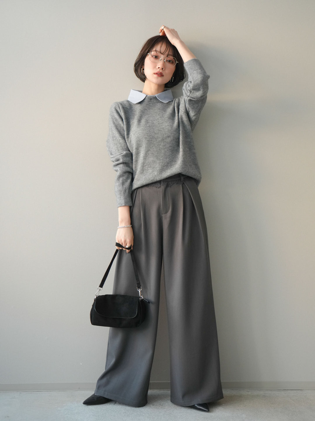 [予約]ウエストレースタックワイドパンツ/gray