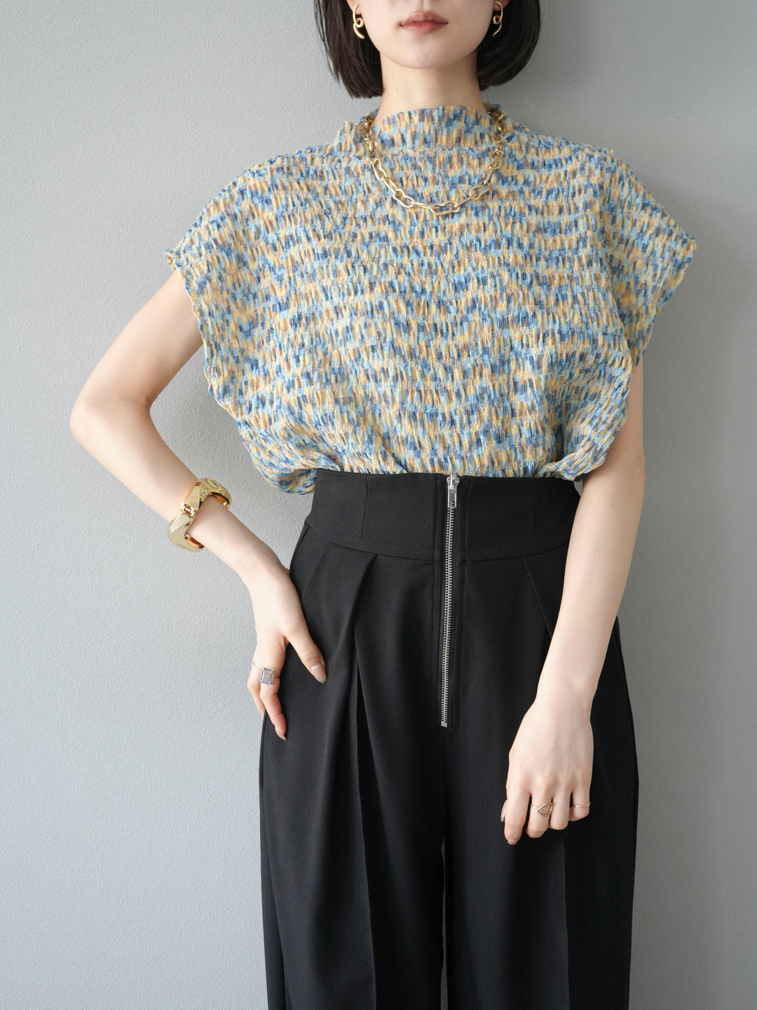 [SET] 多色隨機百褶法式上衣+拉鍊褶襉寬褲（2件套）