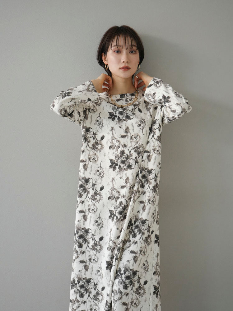 [Pre-order] Flower Print Narrow Long Dress/Off-White