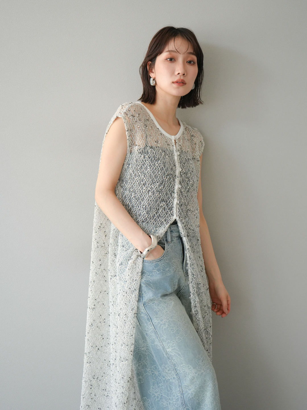 [預訂] 2WAY 棉絨網眼連身裙/米白色