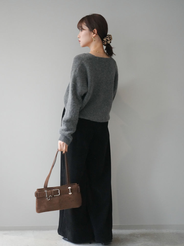 [SET]シュシュ付きアンゴラタッチVネックニットプルオーバー+ベルトデザインループコールテンワイドパンツ(ベルト付き)(2set)