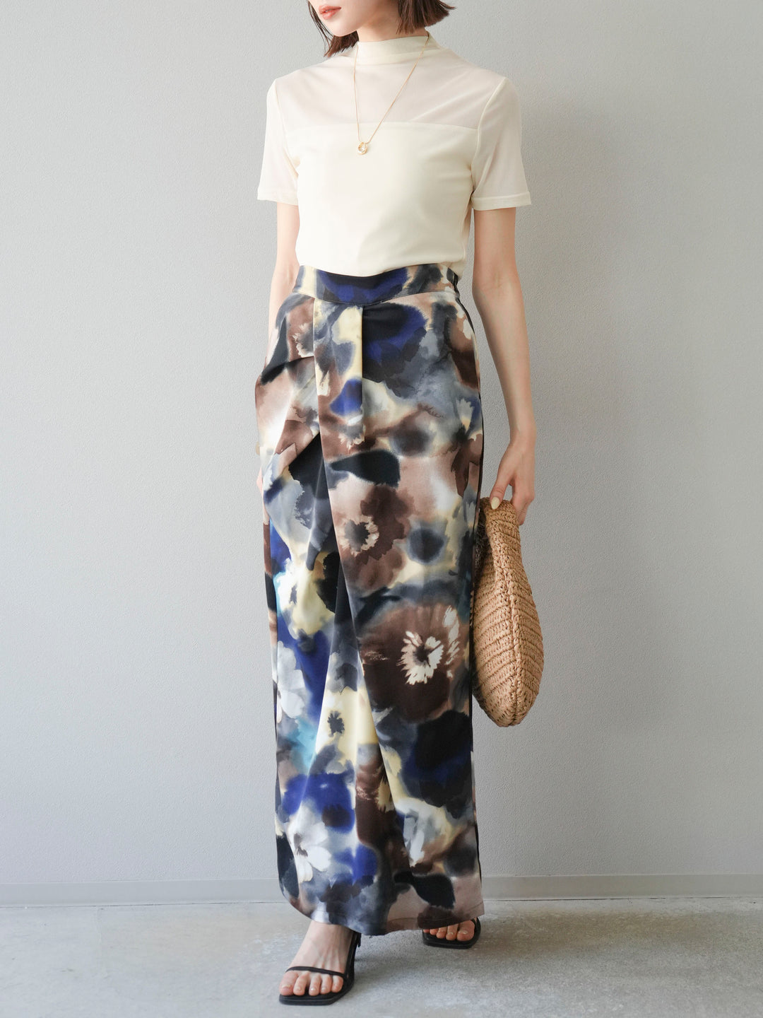 [SET] 透視半袖上衣 + 水彩印花褶襉I字裙 (2set)