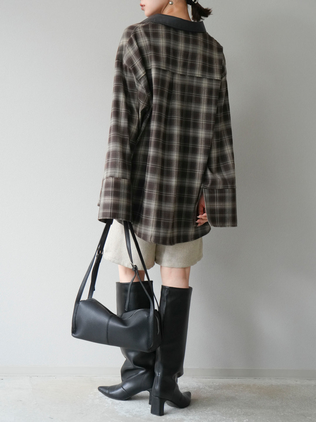 【着回しセット】[SET]レザー襟オンブレチェックオーバーシャツ +クラッシュベロアナロースカート+ツイードハーフパンツ(3set)