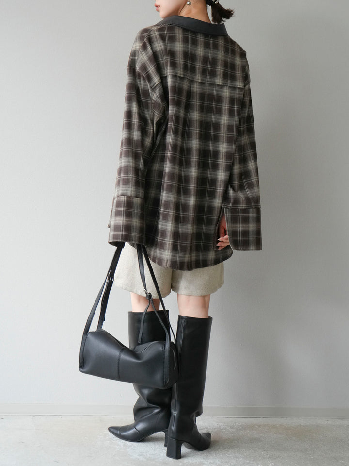 【着回しセット】[SET]レザー襟オンブレチェックオーバーシャツ +クラッシュベロアナロースカート+ツイードハーフパンツ(3set)