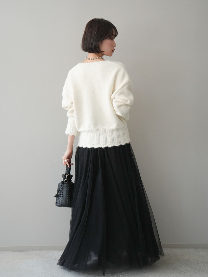 [SET]パールフリルリブヘムニットプルオーバー+チュールボリュームスカート(2set)