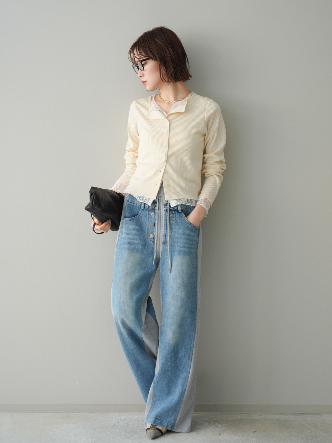 [SET]レースドッキングテレコリブカーディガン+デニム切替スウェットパンツ(2set)