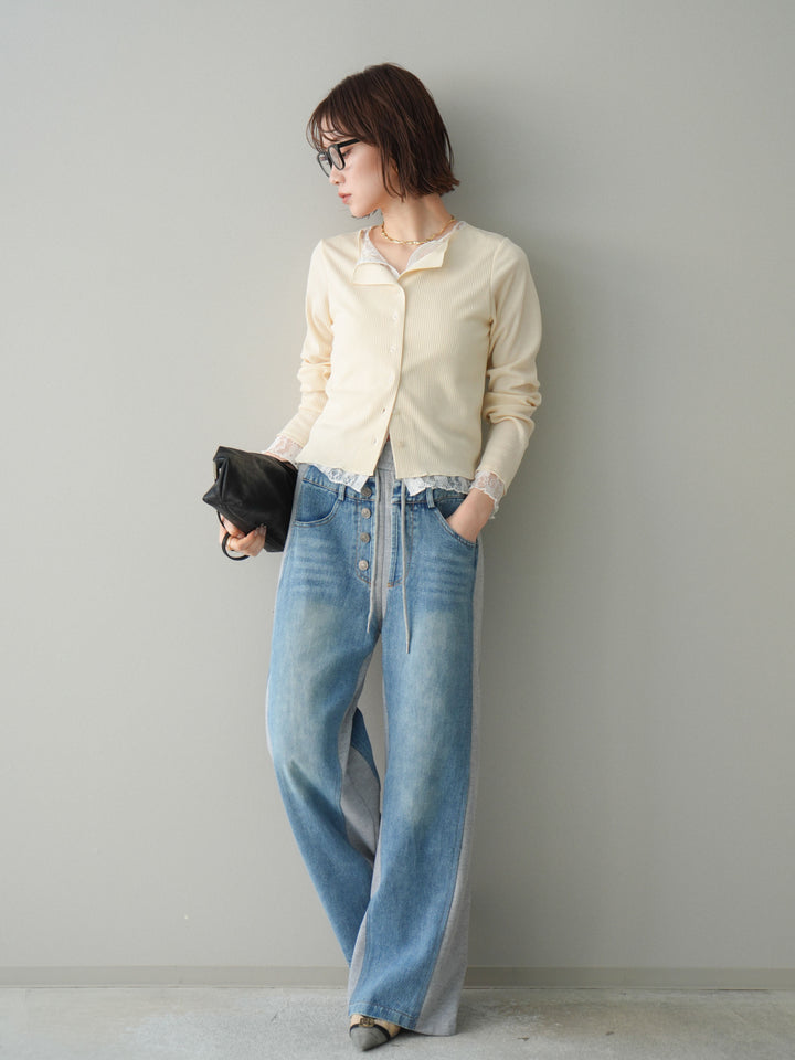 [SET]レースドッキングテレコリブカーディガン+デニム切替スウェットパンツ(2set)