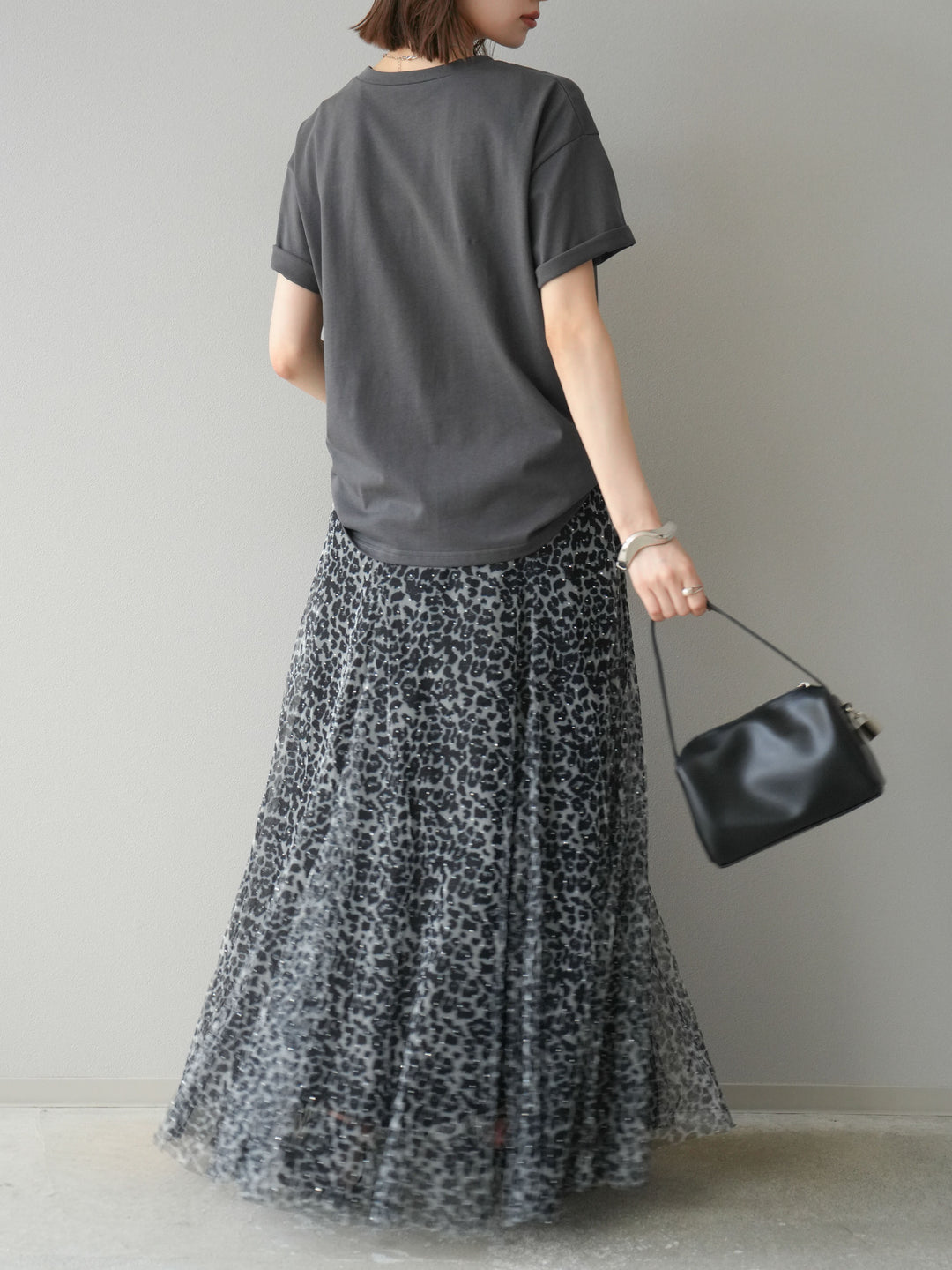 [予約]レオパードチュールレイヤードプリーツスカート/ブラック