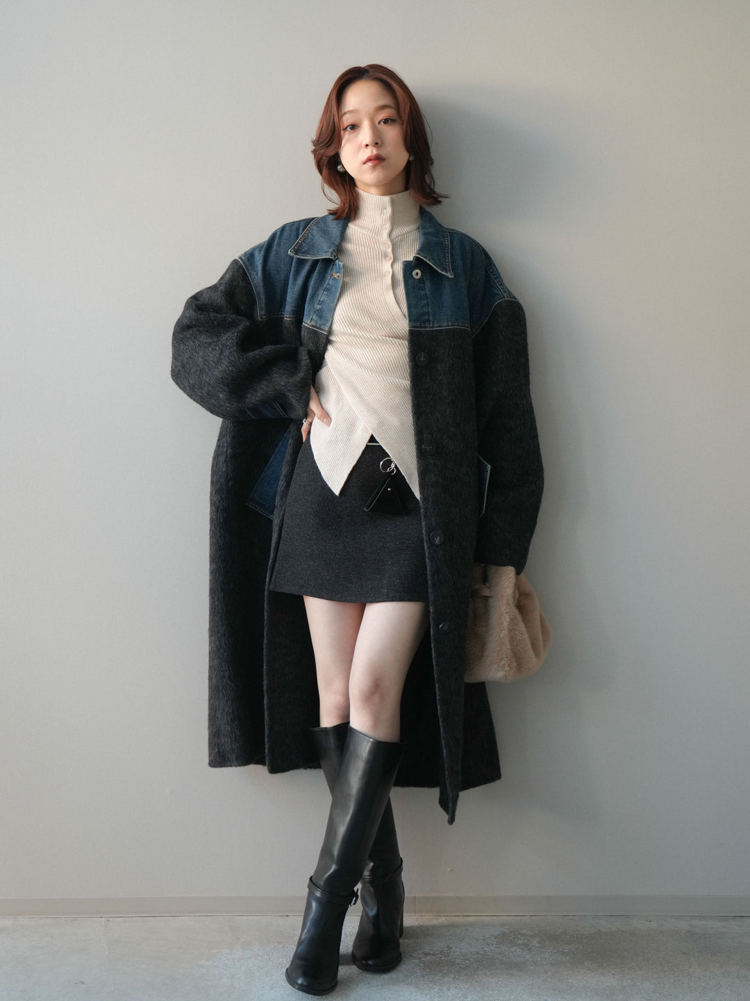 [予約]ウールタッチベルト付ミニスカート/black