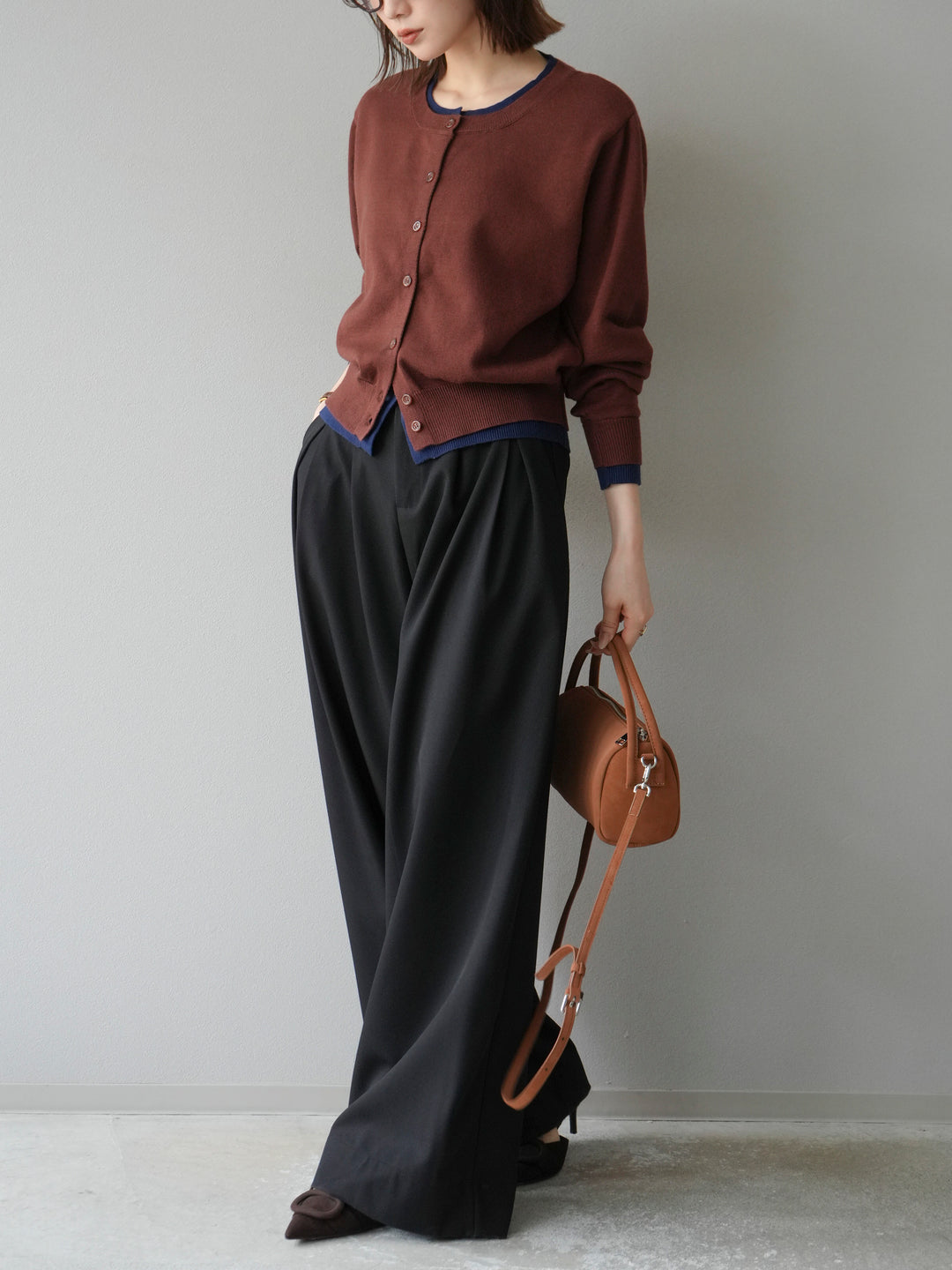 【預購】顏色協調的多層開襟衫/棕色