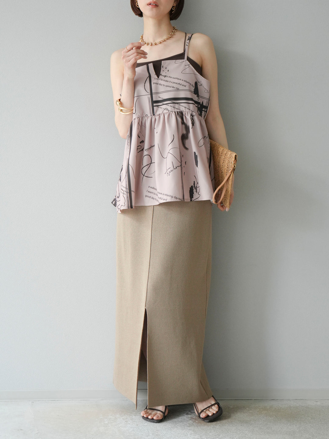 [予約]レーヨンポリIラインニットスカート/ベージュ