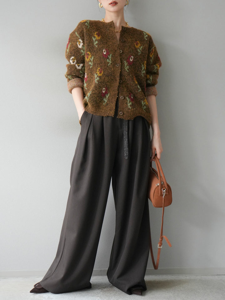 [予約]ウールタッチフラワーニットカーディガン/ブラウン