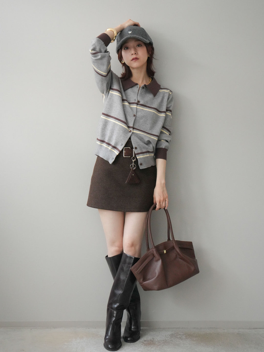 [予約]ウールタッチベルト付ミニスカート/brown