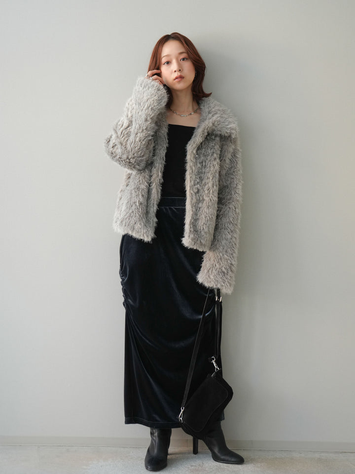 [SET]フェイクファー襟付きショートブルゾン+ギャザーベロアスカート(2set)