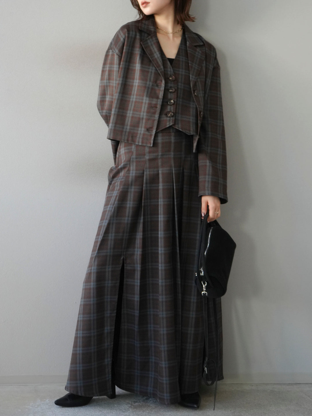 [SET]チェック柄ショートジャケット+チェック柄ベスト+チェック柄タックフレアスカート(3set)