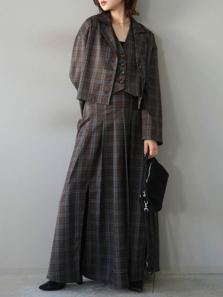[SET]チェック柄ショートジャケット+チェック柄ベスト+チェック柄タックフレアスカート(3set)