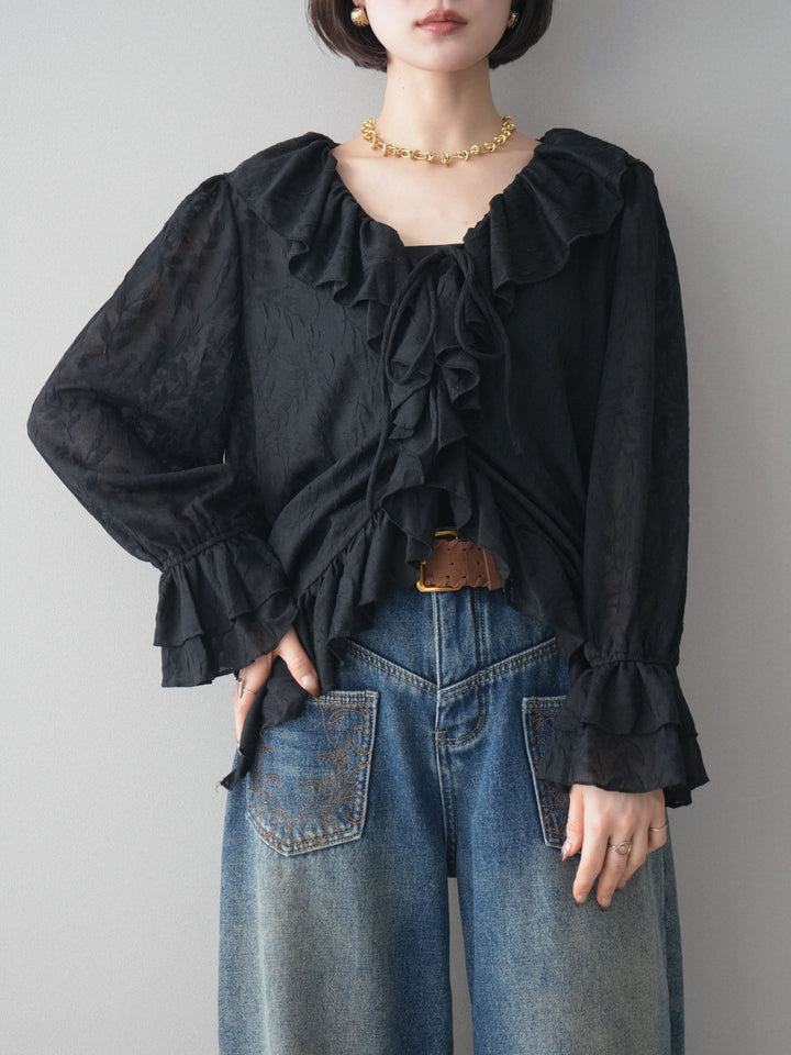 [予約]ラッフルレーススリットブラウス/black