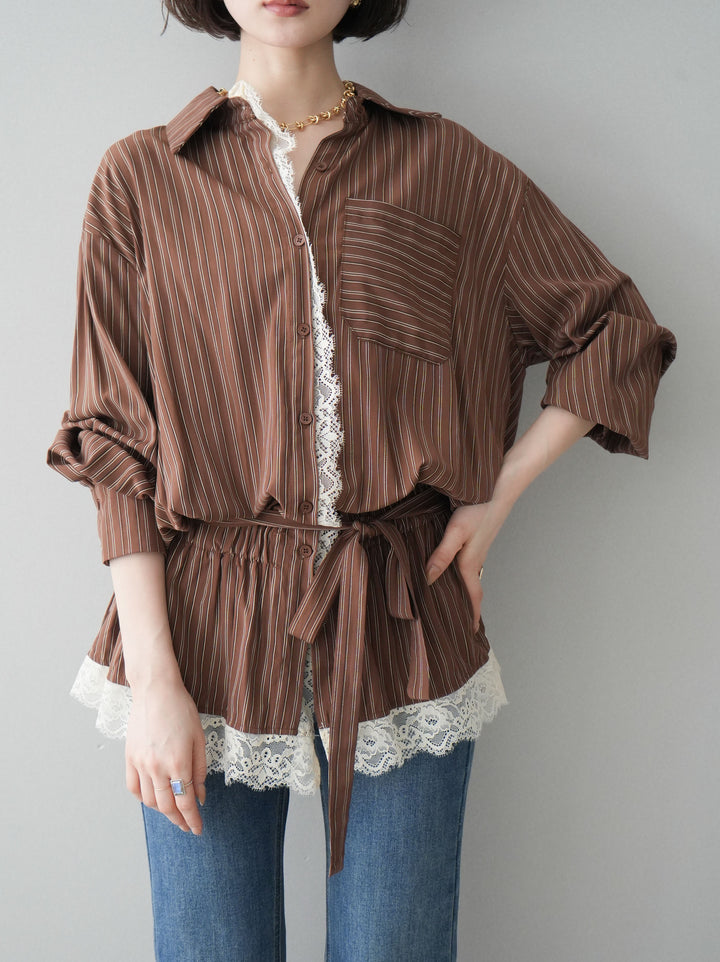 [SET]レース付ストライプウエストギャザーシャツ+フリンジデザインセミフレアデニム(2set)