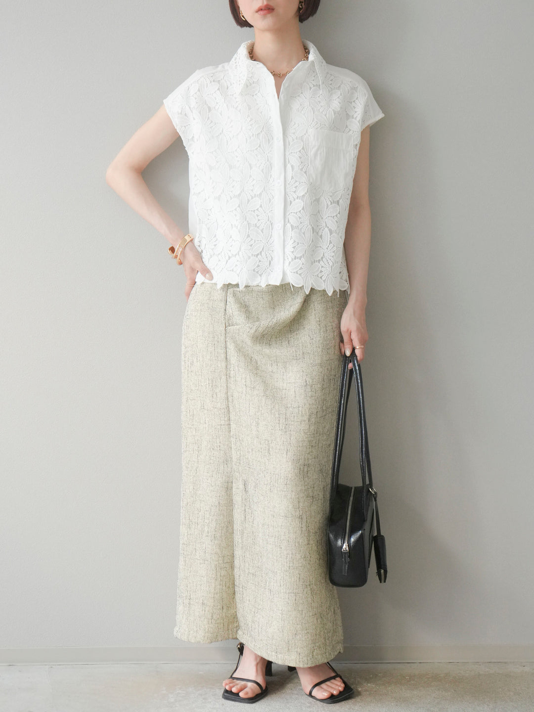 [予約]サマーツイードタックサイドスリットスカート/ベージュ