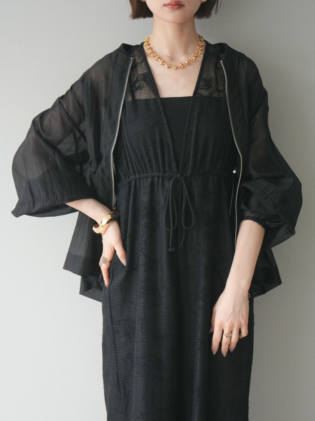 [SET]レース刺繍サロペット+ドロストシアーブルゾン(2set)