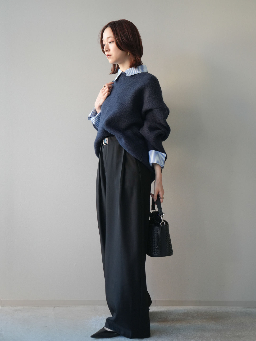 [SET]2WAYストライプ襟ニットプルオーバー+ベルトループデザインワイドパンツ(2set)