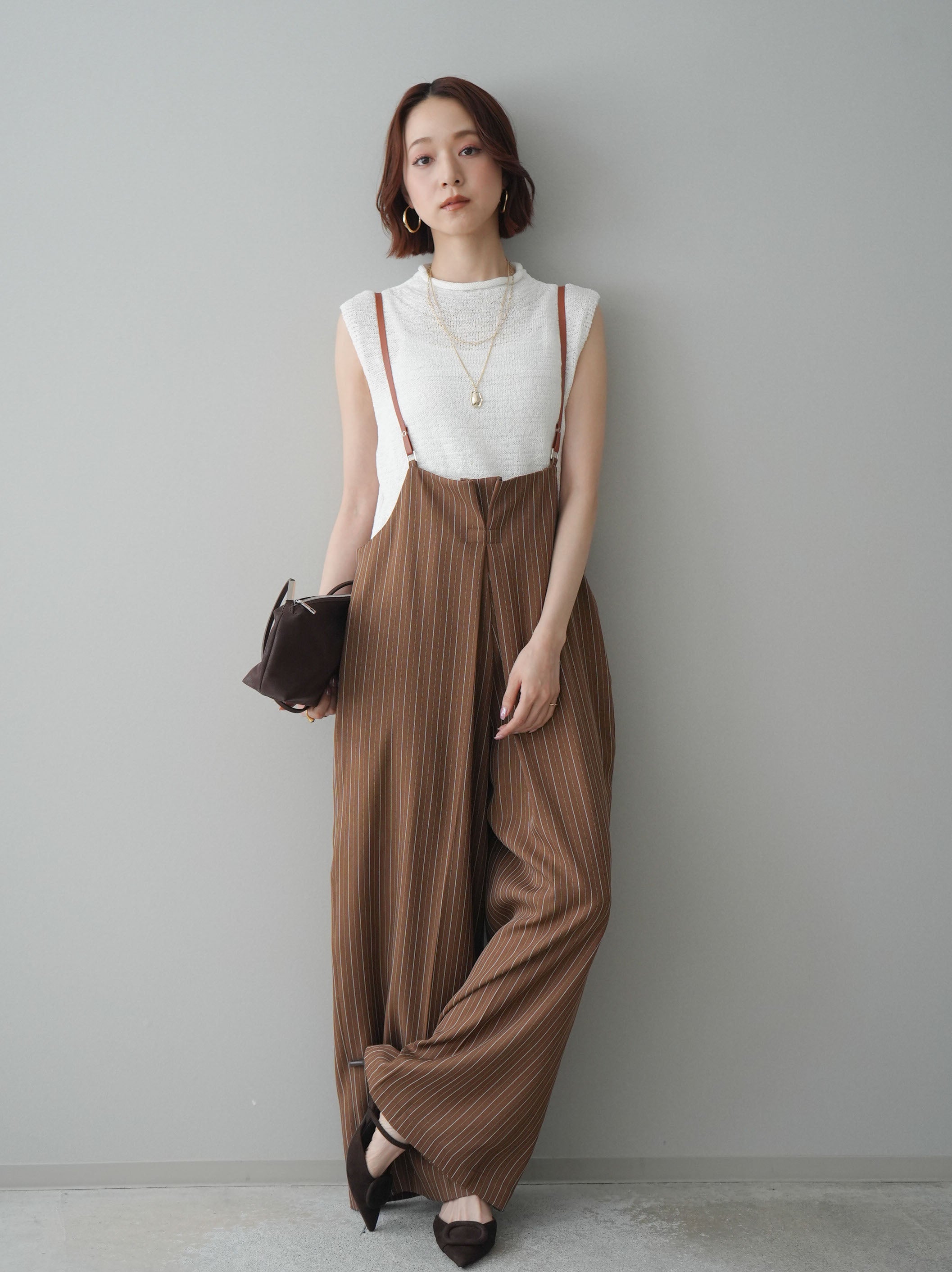 SET]ヘリンボーンストライプサロペット+ノースリーブリネンタッチ