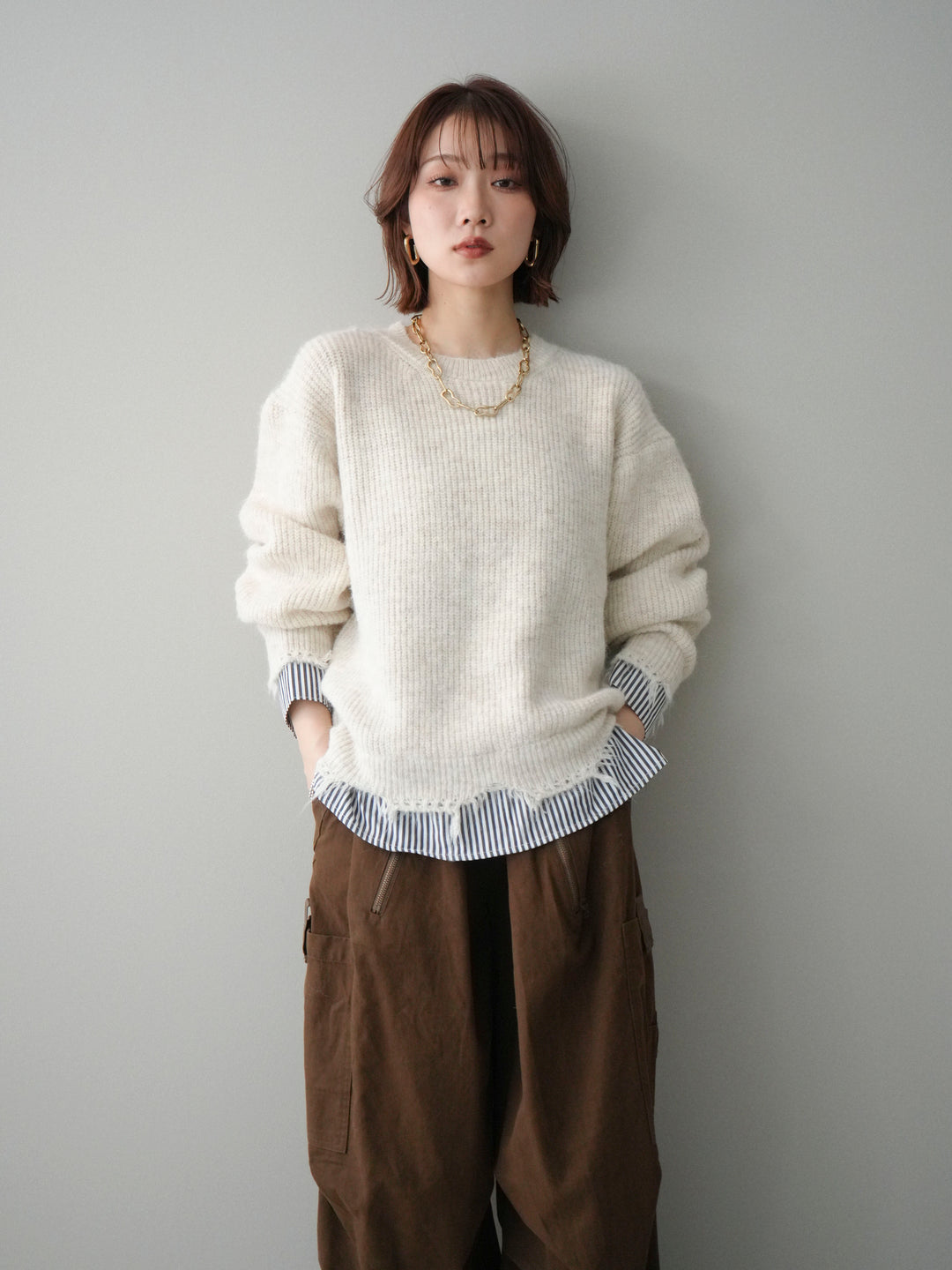 [SET]裾シャツレイヤードダメージニットプルオーバー+ストーンフォークリング(2set)