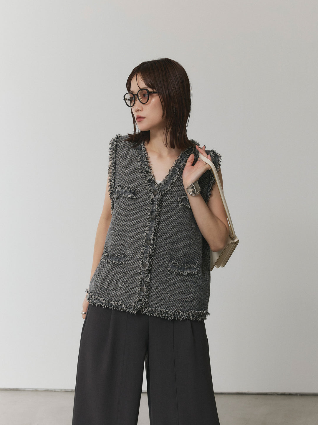 【Allure】[SET]アンティークボタンツイードフリンジニットベスト+アンティークボタンツイードフリンジニットベスト(2set)