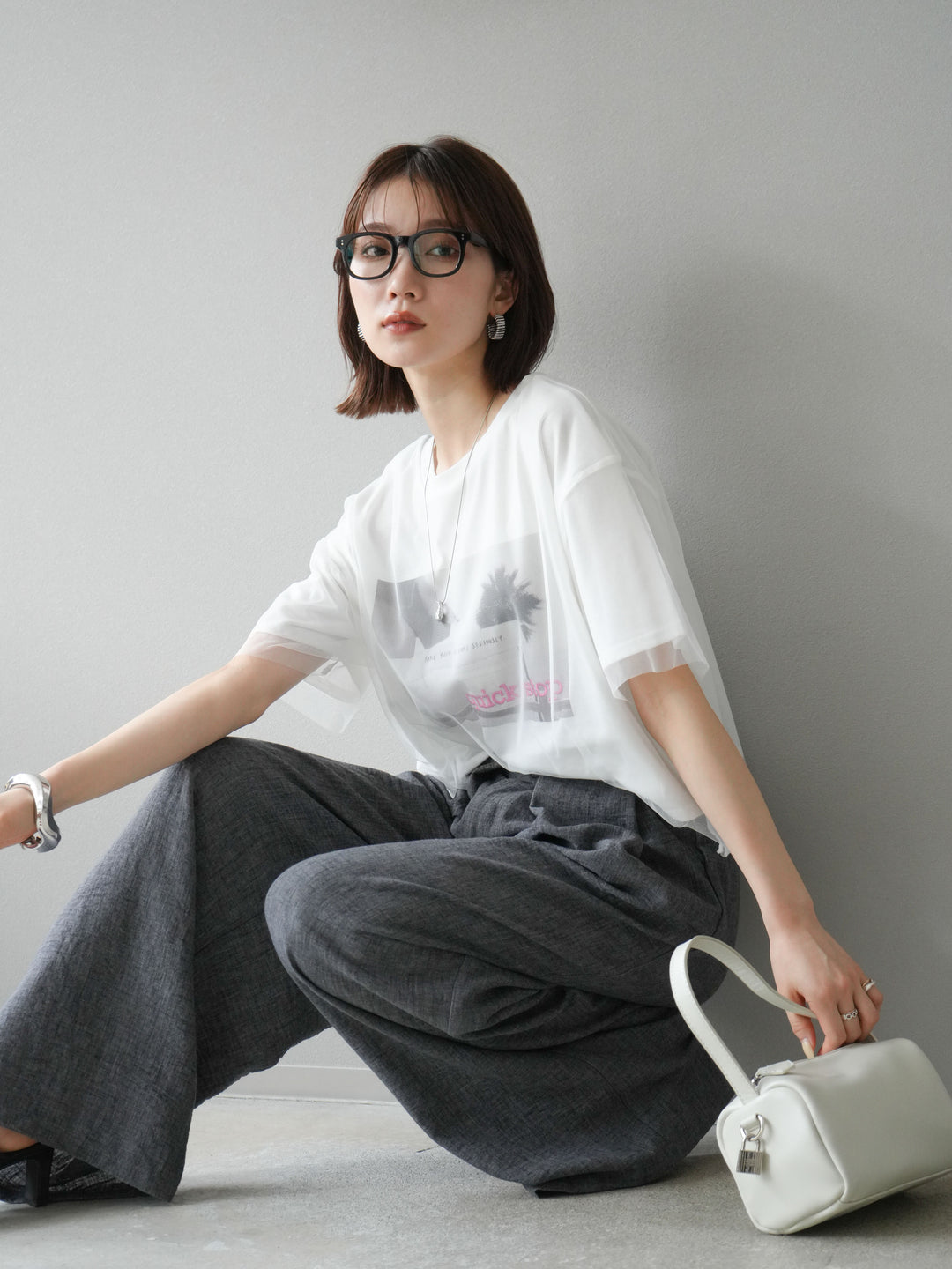 [予約]チュールドッキングフォトTシャツ/オフホワイト×ピンク