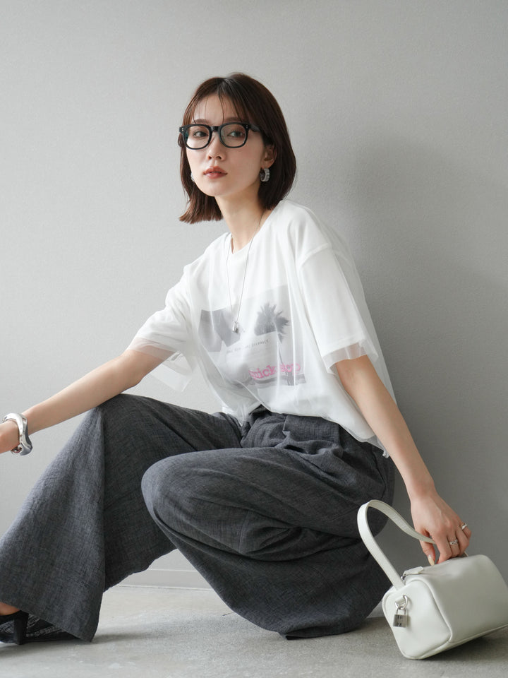 [予約]チュールドッキングフォトTシャツ/オフホワイト×ピンク