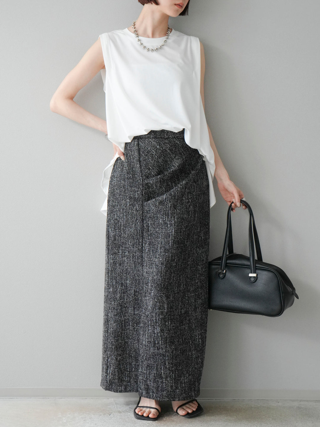 [予約]サマーツイードタックサイドスリットスカート/ブラックホワイト
