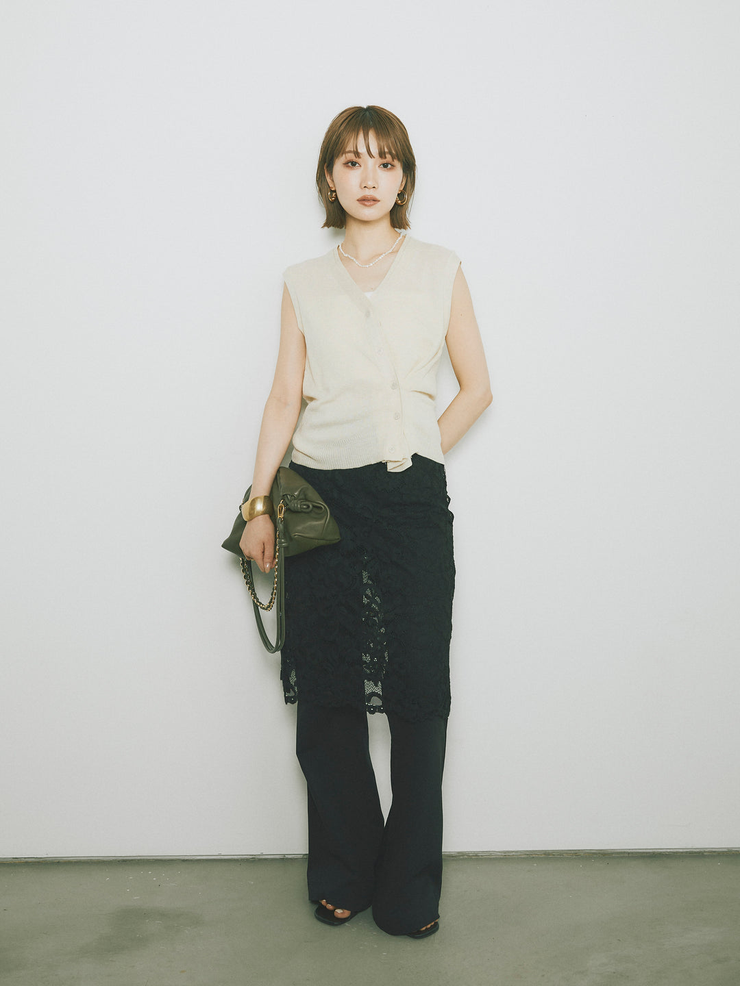 [SET]2WAYデザインニットベスト+レイヤードスカートセットフレアパンツ(2set)