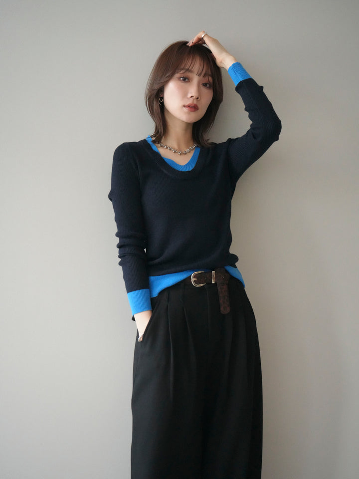 [SET]Uネック配色レイヤードリブニットトップス+アニマル柄ベルト付きウールタッチワイドパンツ(2set)