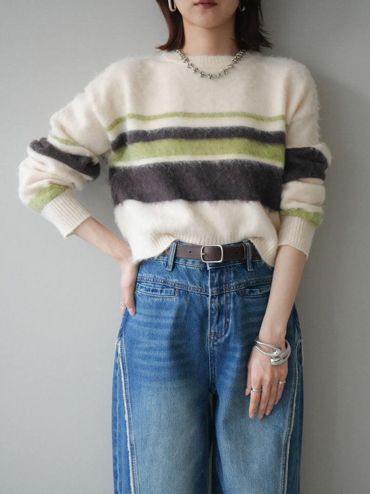 [SET]ソフトタッチボーダークロップドニットプルオーバー+サイドフリンジワイドデニムパンツ(2set)