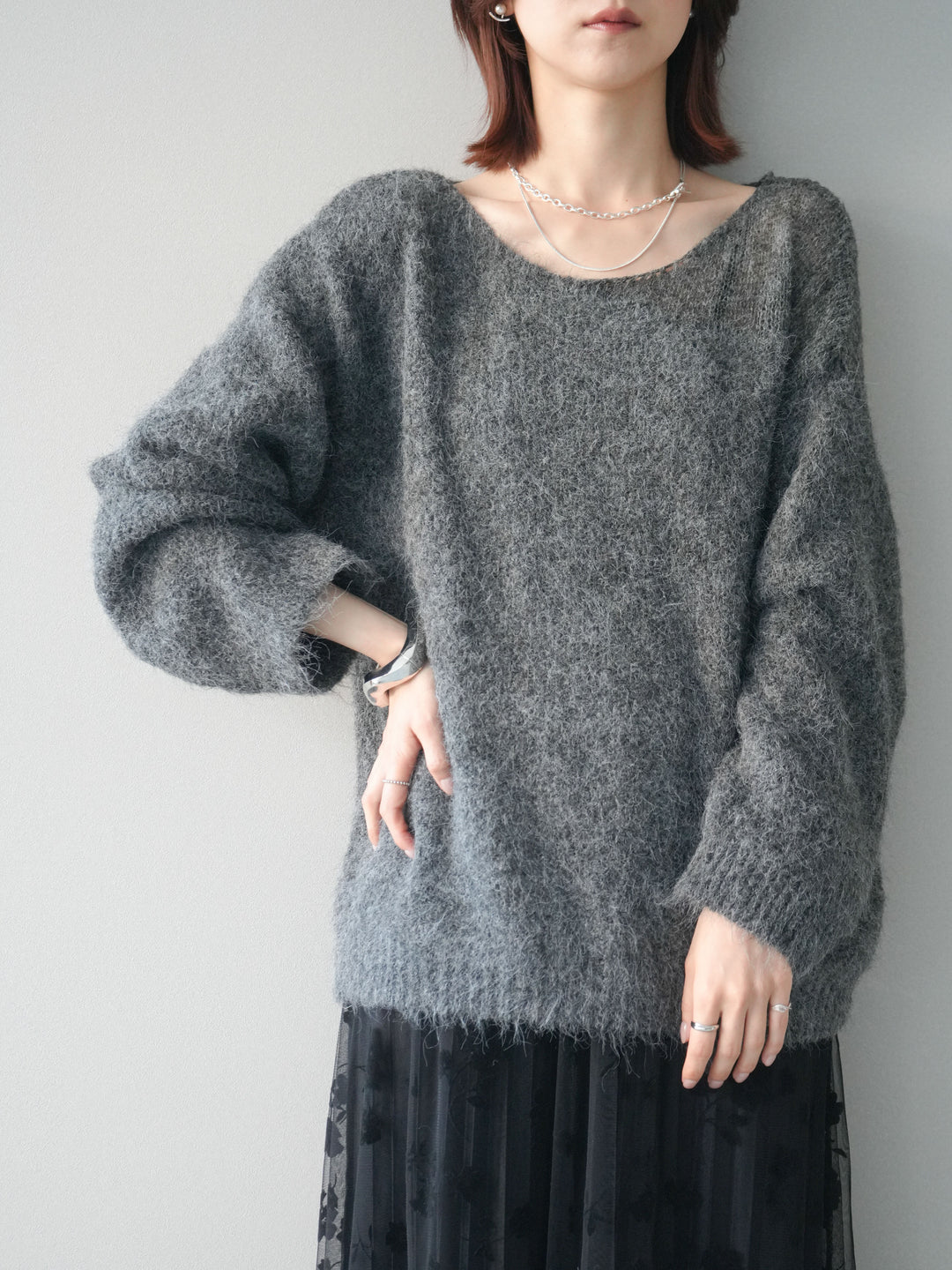 [SET]透かしデザインニットプルオーバー+フラワーフロッキーチュールプリーツスカート(2set)