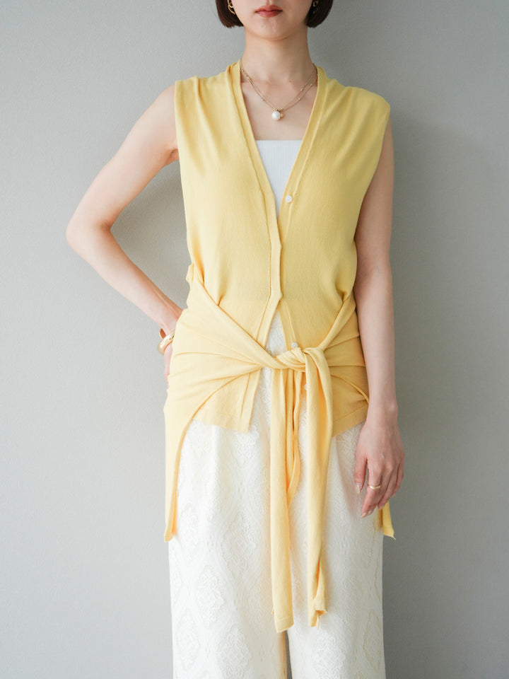 【預購】無袖圍腰針織開襟衫/黃色