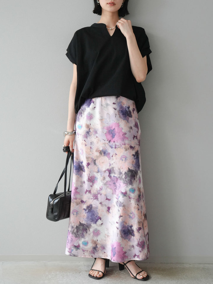 [予約]キーネックドルマンルーズコットンTシャツ/ブラック