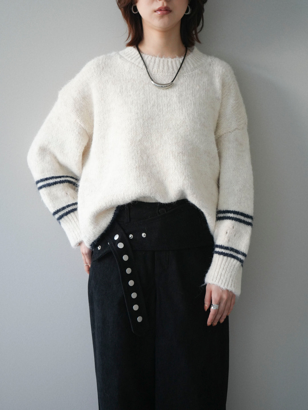 [予約]クルーネックラインボーダーニットプルオーバー/white