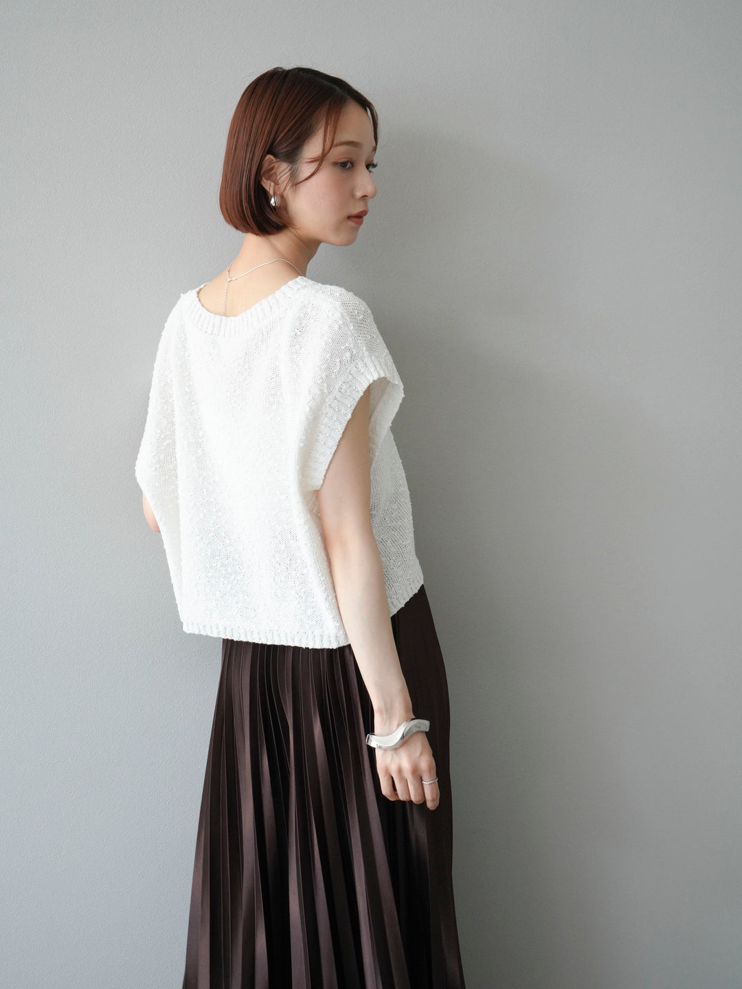 [SET]ネップヤーンクロップドニットベスト+サテンプリーツマキシスカート(2set)